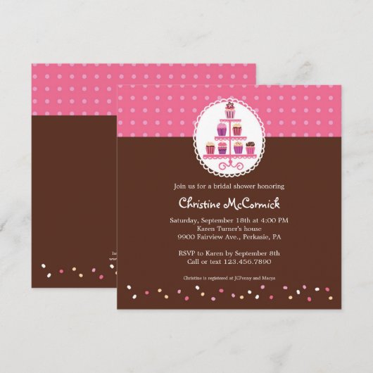 Cupcakes op een standaard (roze / bruin) kaart (Voorkant / Achterkant)