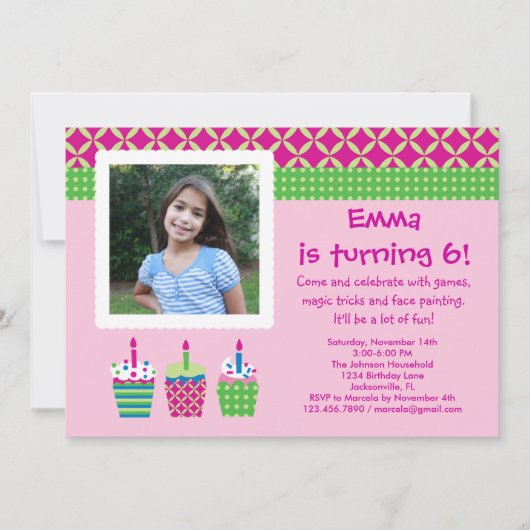 Cupcakes Photo Birthday Girl Invitation Kaart (Voorkant)
