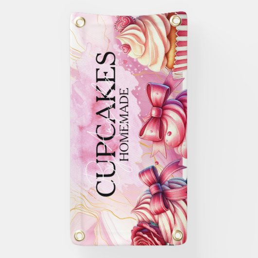 Cupcakes Roze Bakkerij Marmer Goud Spandoek (Verticaal)