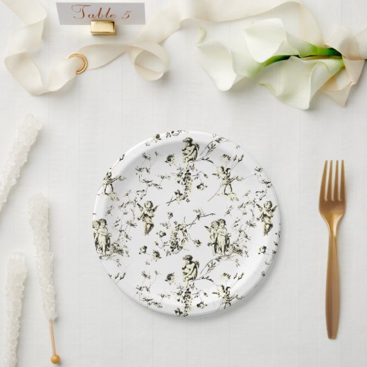  Cupid Angels Floral Beige White Toile Papieren Bordje (Huwelijk)