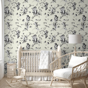 Cupid Angels Floral Black White Toile Behang