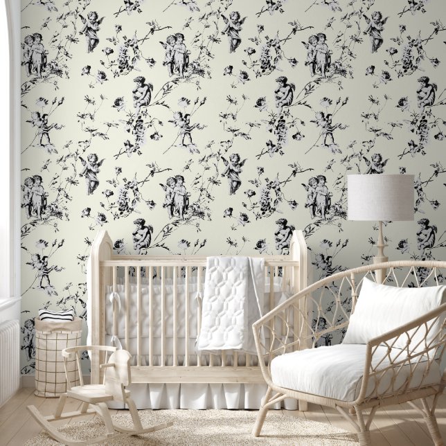  Cupid Angels Floral Black White Toile Behang (Kinderen)