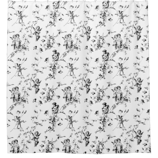 Cupid Angels Floral Black White Toile Douchegordijn (Voorkant)