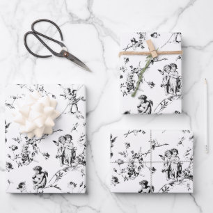 Cupid Angels Floral Black White Toile Inpakpapier Vel