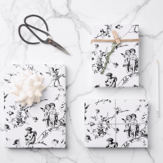 Cupid Angels Floral Black White Toile Inpakpapier Vel (Voorkant)
