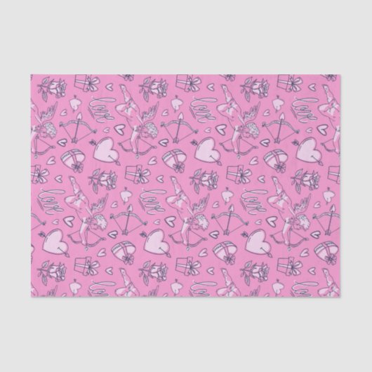 Cupid Boog Pijl Roze Rozen Patroon Valentijnsdag Tissuepapier (Voorkant)