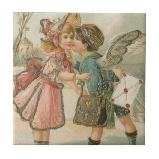 Cupid Boy and Girl in Pink Valentijn Tegeltje (Voorkant)