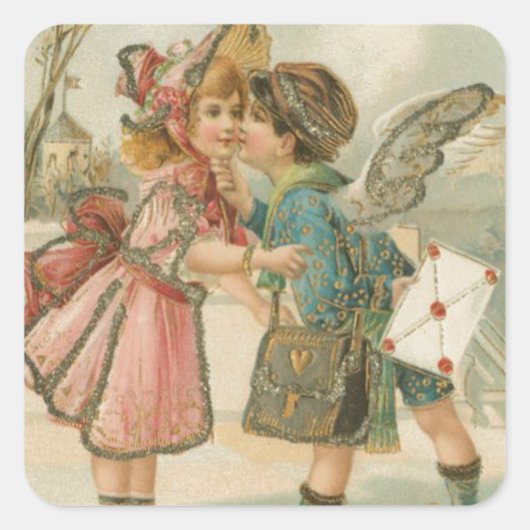 Cupid Boy and Girl in Pink Valentijn Vierkante Sticker (Voorkant)