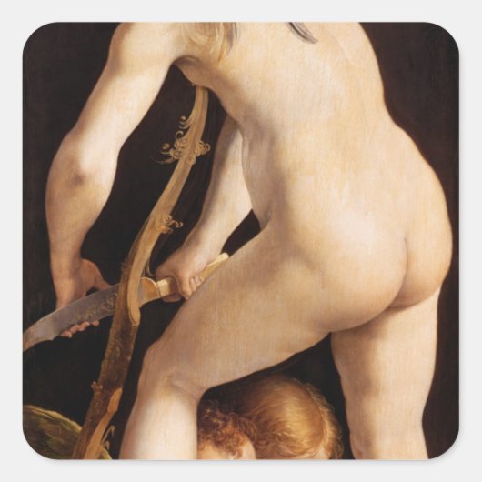Cupid Carving a Bow, 1533/34 Vierkante Sticker (Voorkant)