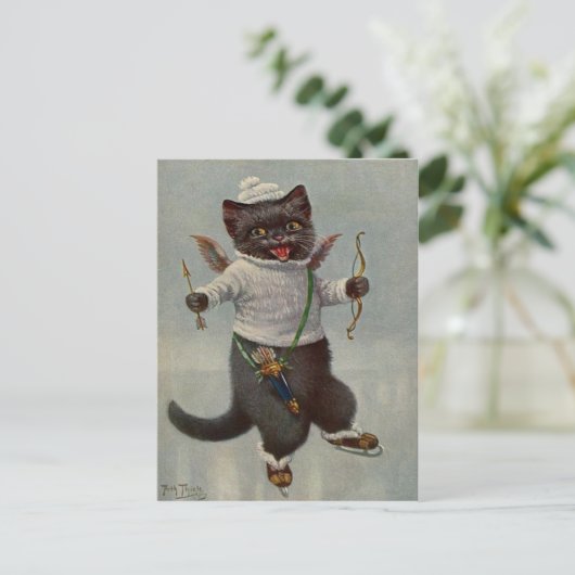 Cupid Cat Skating begin Briefkaart 1900 (Staand voorkant)