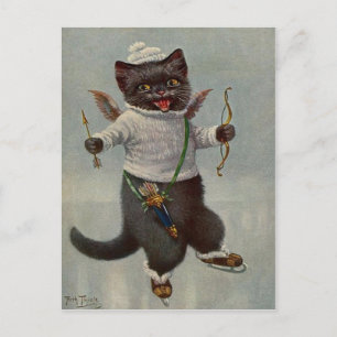Cupid Cat Skating begin Briefkaart 1900