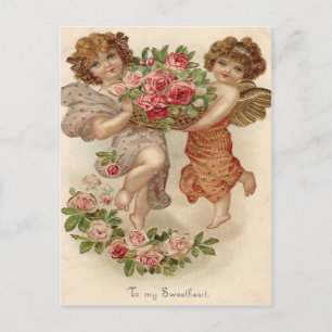 Cupid Cherub Angel Basket Rozen Roos Briefkaart