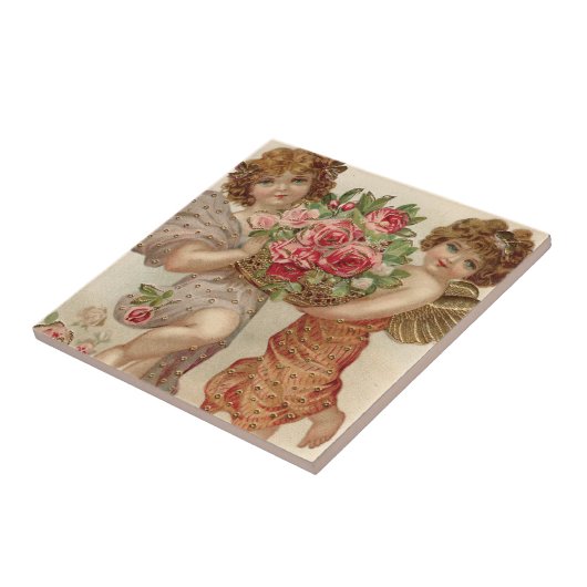 Cupid Cherub Angel Basket Rozen Roos Tegeltje (Zijkant)