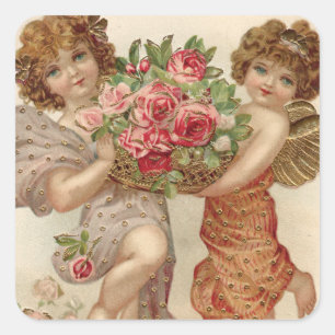 Cupid Cherub Angel Basket Rozen Roos Vierkante Sticker