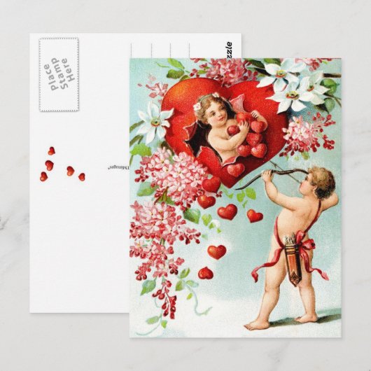 Cupid en een douche van het hart briefkaart (Voorkant / Achterkant)