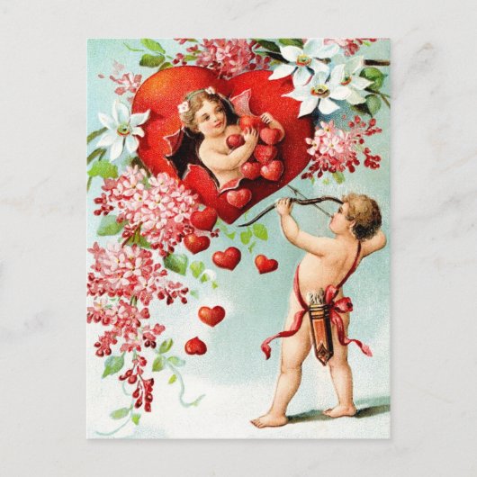 Cupid en een douche van het hart briefkaart (Voorkant)