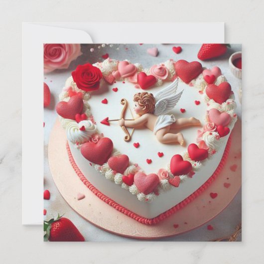 Cupid Hartvormige Cake Valentijn Feestdagenkaart (Voorkant)