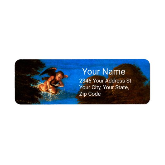 Cupid in Blue Sky Pours a Cascade of White Flowers Etiket (Voorkant)