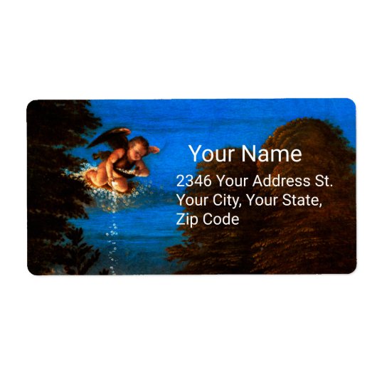 Cupid in Blue Sky Pours a Cascade of White Flowers Etiket (Voorkant)