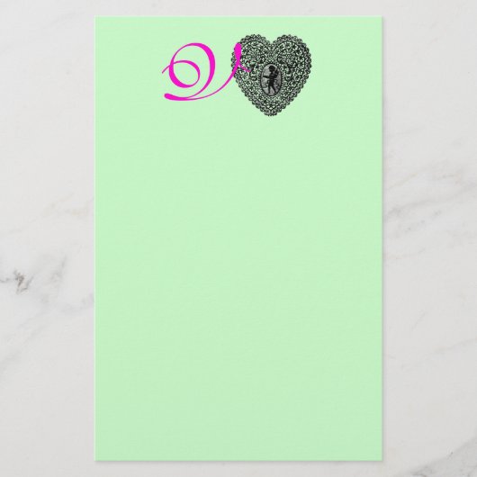 CUPID KANTEN HART MONOGRAM, roze fuchsia groen Briefpapier (Voorkant)