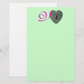 CUPID KANTEN HART MONOGRAM, roze fuchsia groen Briefpapier (Voorkant / Achterkant)