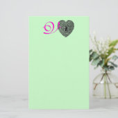 CUPID KANTEN HART MONOGRAM, roze fuchsia groen Briefpapier (Staand voorkant)