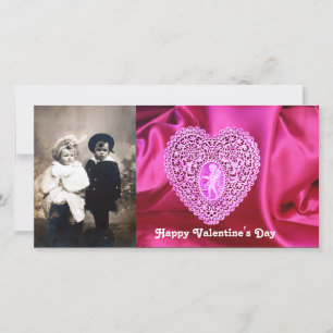CUPID KANTEN HART ZIJDE FUCHSIA STOF, Roze Violet Feestdagenkaart