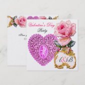 CUPID LACE HEART EN PINK ROSE VALENTIJN MONOGRAM KAART (Voorkant / Achterkant)