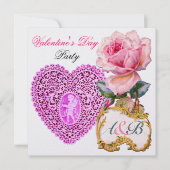 CUPID LACE HEART EN PINK ROSE VALENTIJN MONOGRAM KAART (Voorkant)