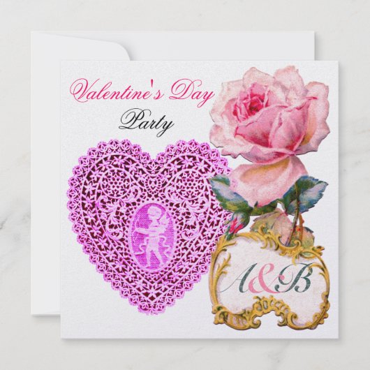 CUPID LACE HEART EN PINK ROSE VALENTIJN MONOGRAM KAART (Voorkant)