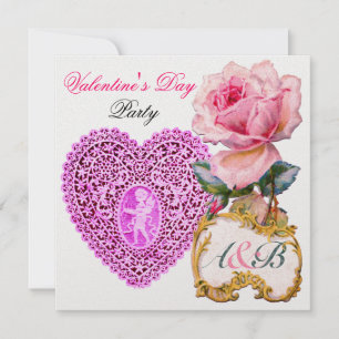 CUPID LACE HEART EN PINK ROSE VALENTIJN MONOGRAM KAART