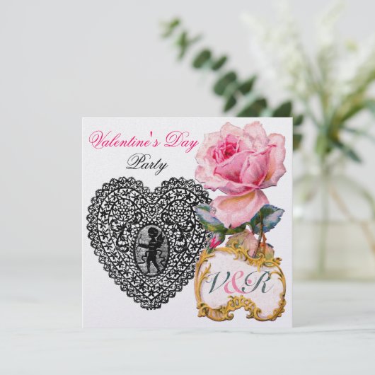 CUPID LACE HEART EN PINK ROSE VALENTIJN MONOGRAM KAART (Staand voorkant)