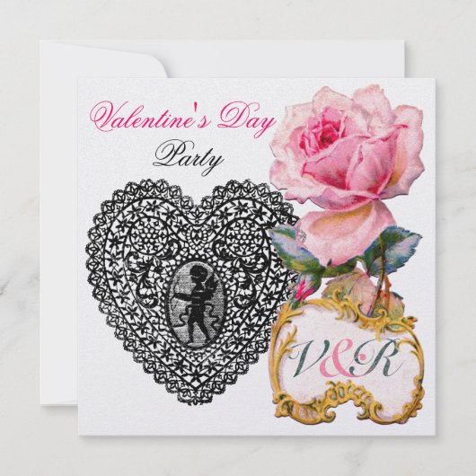 CUPID LACE HEART EN PINK ROSE VALENTIJN MONOGRAM KAART (Voorkant)