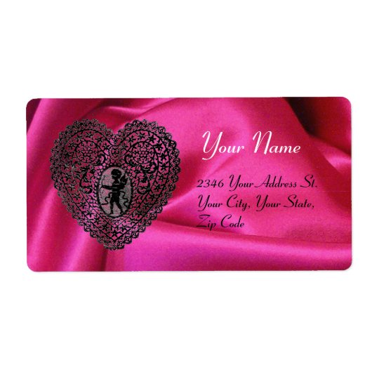 CUPID LACE HEART, FUCHSIA SILK CLOTH roze zwart Etiket (Voorkant)