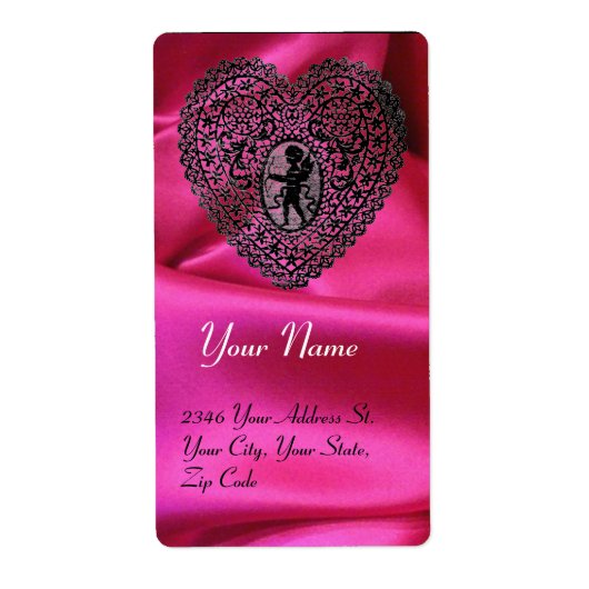CUPID LACE HEART, FUCHSIA SILK CLOTH roze zwart Etiket (Voorkant)