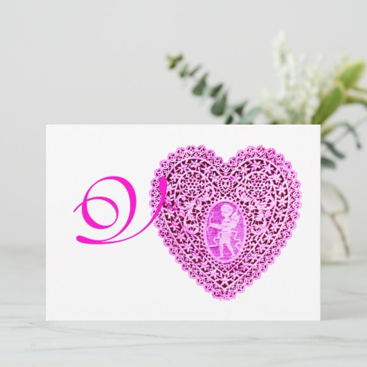 CUPID LACE HEART MONOGRAM, Red fuchsia champagne Aankondiging (Staand voorkant)
