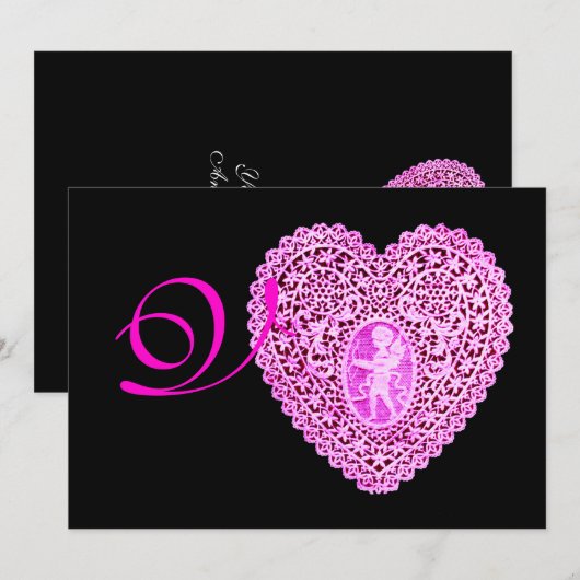 CUPID LACE HEART MONOGRAM, Red fuchsia Gold Aankondiging (Voorkant / Achterkant)