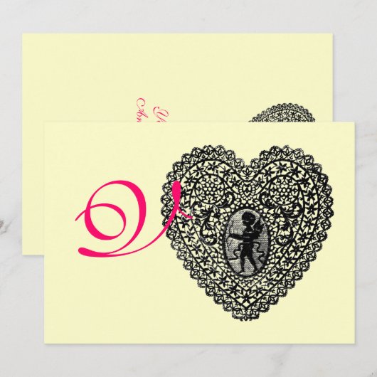 CUPID LACE HEART MONOGRAM, Red fuchsia Gold Aankondiging (Voorkant / Achterkant)