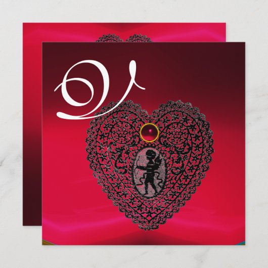 CUPID LACE HEART MONOGRAM, rood, rubberen zwart Aankondiging (Voorkant / Achterkant)