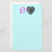 CUPID LACE HEART MONOGRAM, roze fuchsia blue Briefpapier (Voorkant / Achterkant)