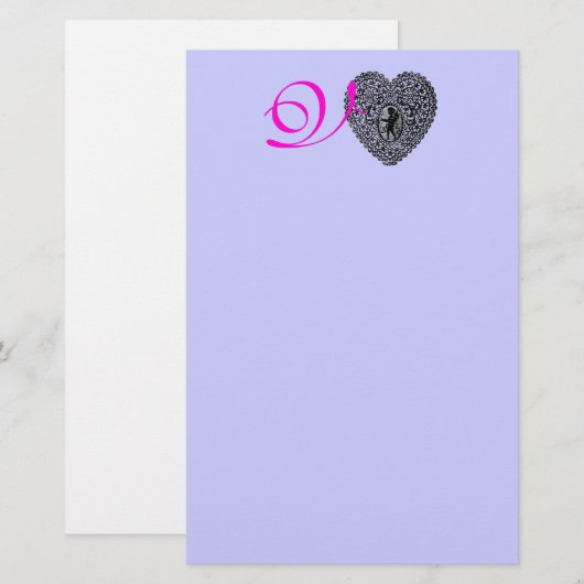 CUPID LACE HEART MONOGRAM, roze fuchsia blue Briefpapier (Voorkant / Achterkant)