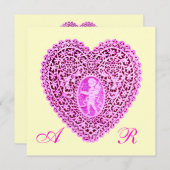 CUPID LACE HEART MONOGRAM, roze fuchsia gold Aankondiging (Voorkant / Achterkant)