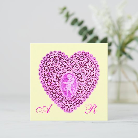CUPID LACE HEART MONOGRAM, roze fuchsia gold Aankondiging (Staand voorkant)
