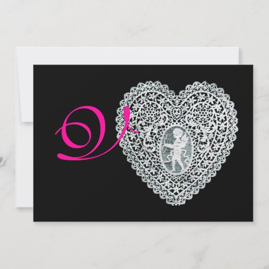 CUPID LACE HEART MONOGRAM, roze fuchsie Aankondiging (Voorkant)