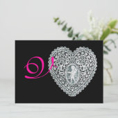 CUPID LACE HEART MONOGRAM, roze fuchsie Aankondiging (Staand voorkant)