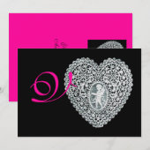 CUPID LACE HEART MONOGRAM, roze fuchsie Aankondiging (Voorkant / Achterkant)