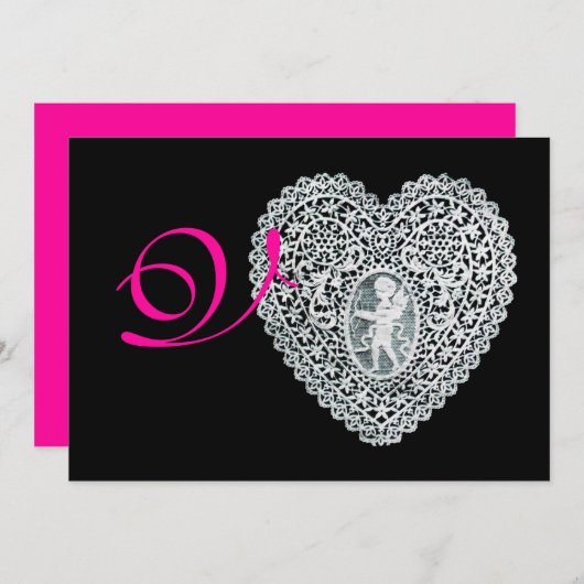 CUPID LACE HEART MONOGRAM, roze fuchsie Aankondiging (Voorkant / Achterkant)