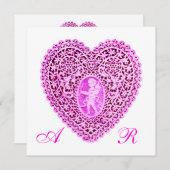 CUPID LACE HEART MONOGRAM, roze fuchsie Aankondiging (Voorkant / Achterkant)