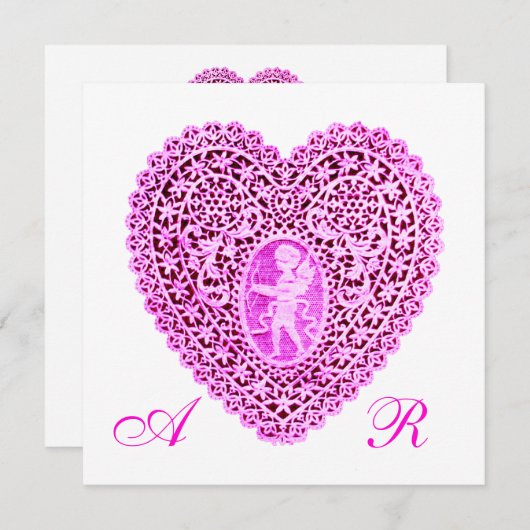CUPID LACE HEART MONOGRAM, roze fuchsie Aankondiging (Voorkant / Achterkant)