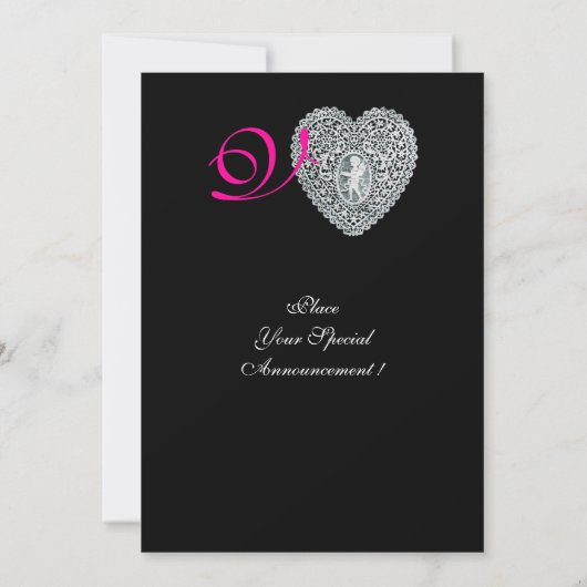 CUPID LACE HEART MONOGRAM, roze fuchsie Aankondiging (Achterkant)